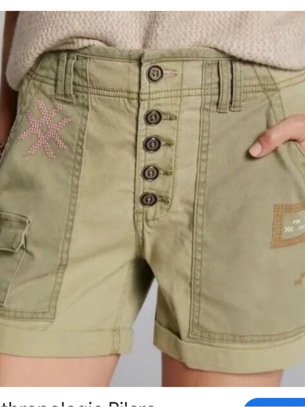 Anthropologie Pilcro Embroidered Olive Green Utility Button-Front Shorts size 31